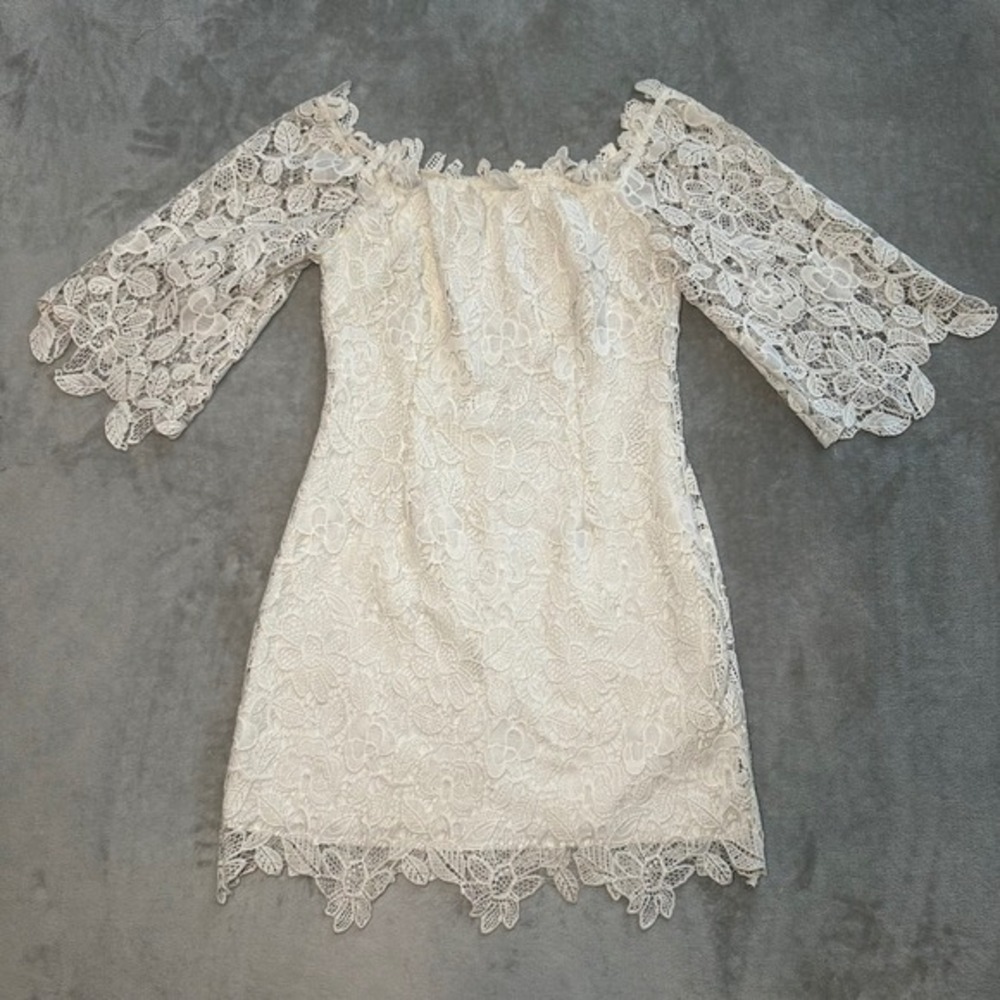 ASTR Lace Mini Dress Women Sz M Ivory Off Shoulder Crochet Cocktail Bridal Boho - Picture 1 of 12